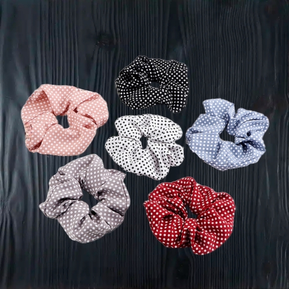 Polka Dot Scrunchies / Hair Bow 5-Pack - Red, Pink, Blue, Black & White - NEW - Picture 1 of 7